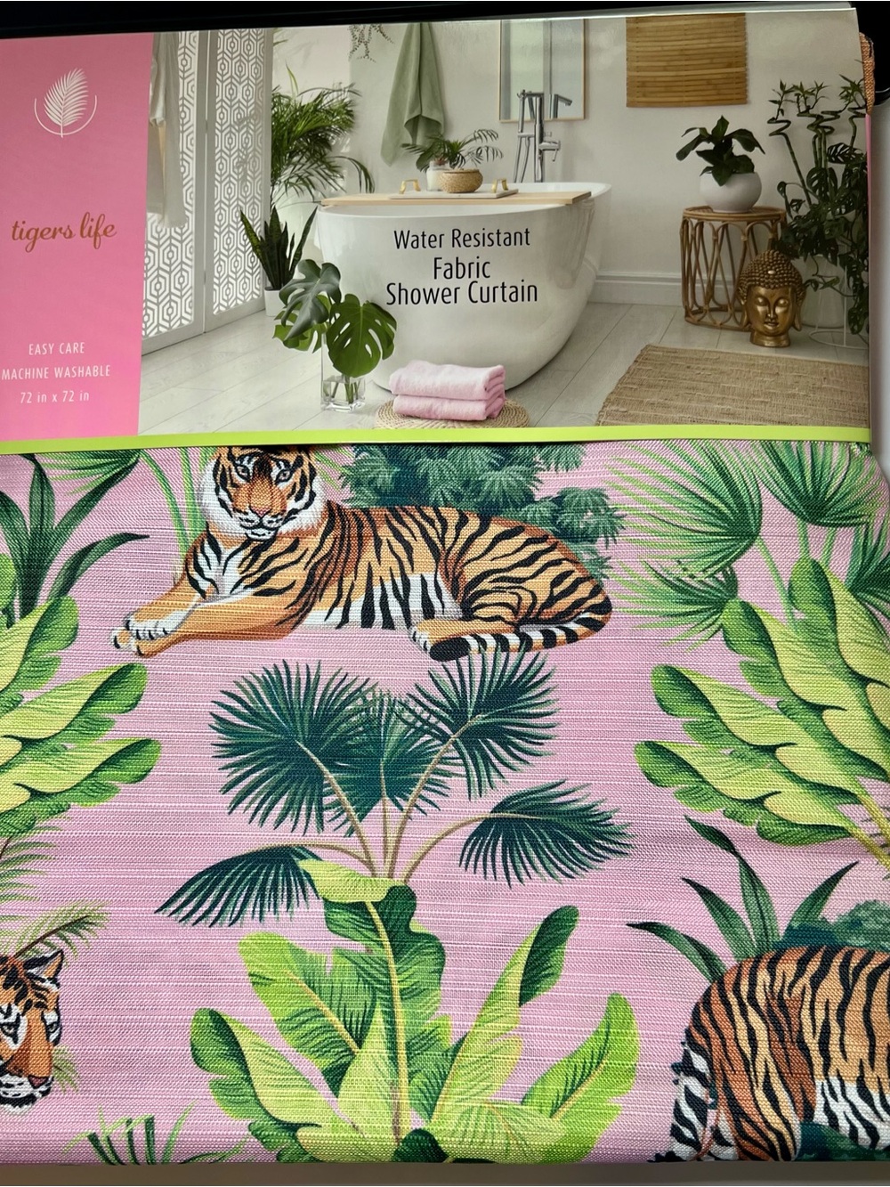 Tigers & Tropical Leaves Fabric Shower Curtain Tiger’s Life Pink & Green